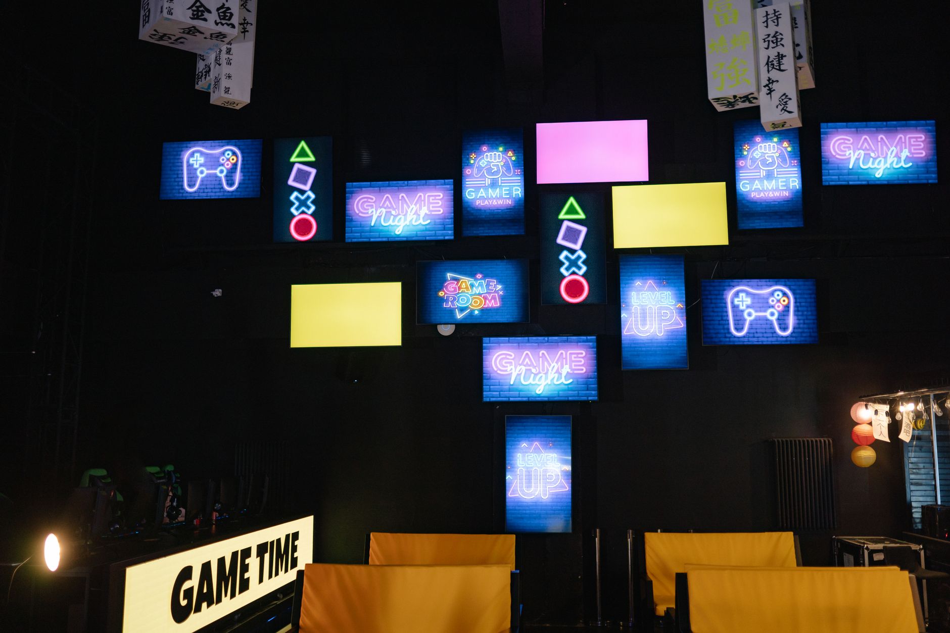 Cyberpunk retro game room with neon lights
